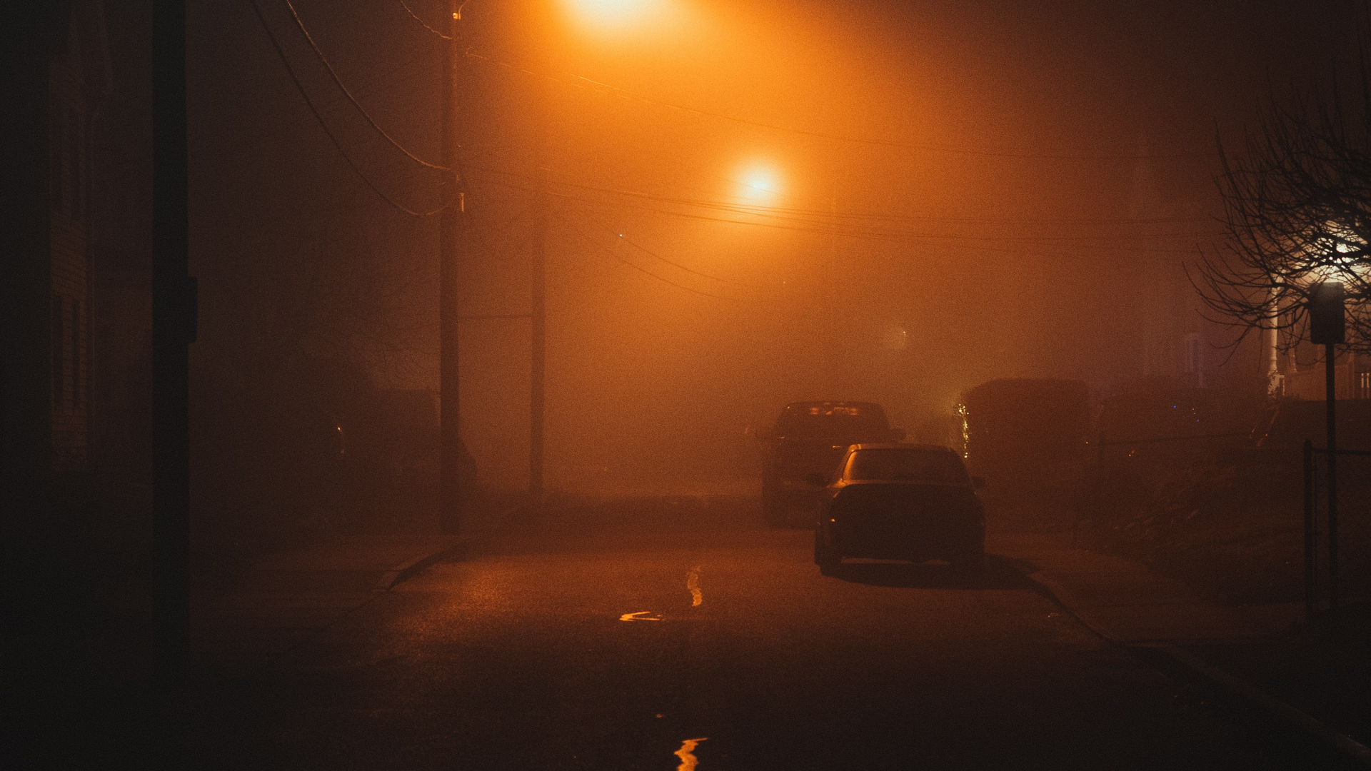 улица, ночь, фонари, туман