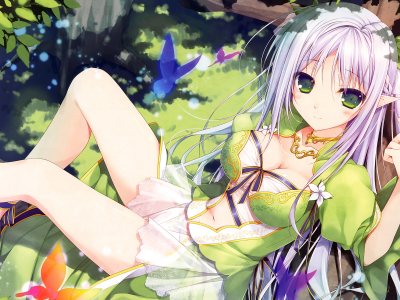 anime, girl, elf, forest, butterfly