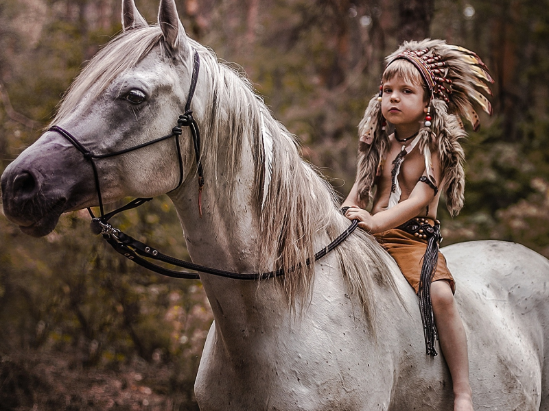 мальчик индеец, верхом на лошади