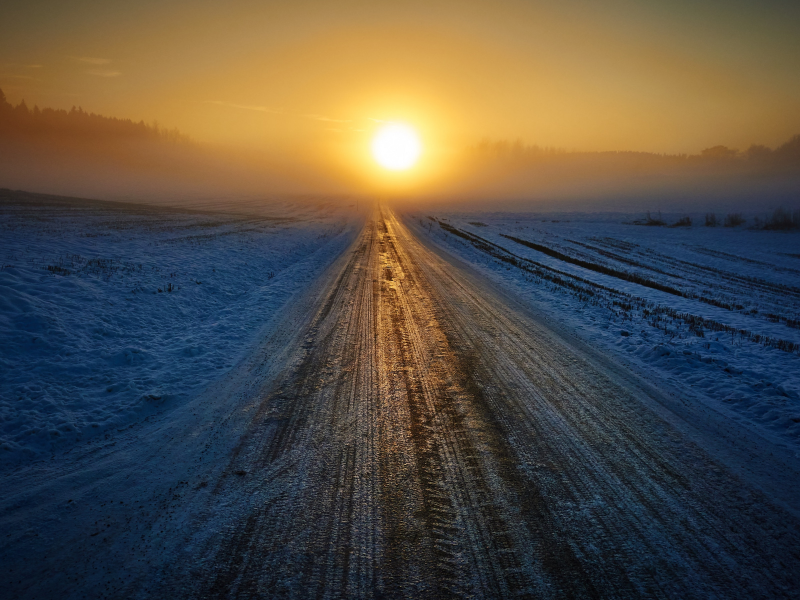 дорога, зима, снег, солнце