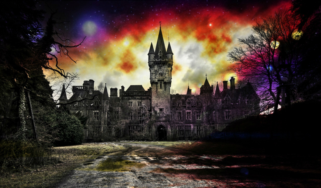 fantasy, castle, horror, night, glow, moon, darkness