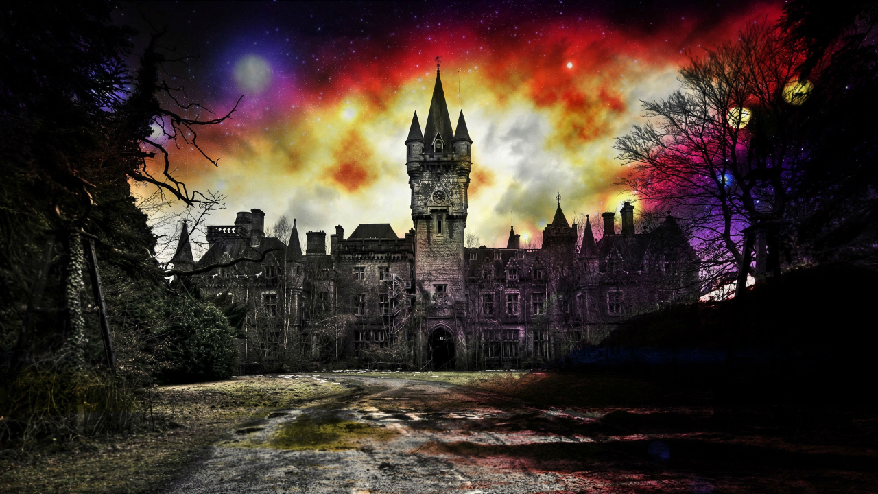 fantasy, castle, horror, night, glow, moon, darkness