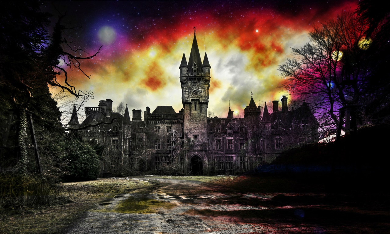 fantasy, castle, horror, night, glow, moon, darkness