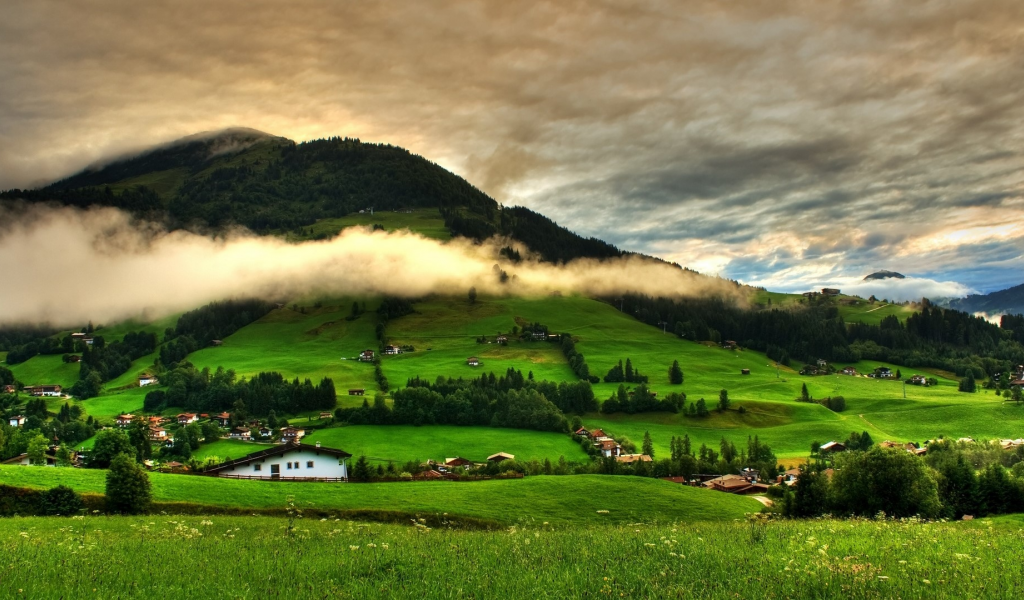 landscape, nature, mountains, hills, village, clouds