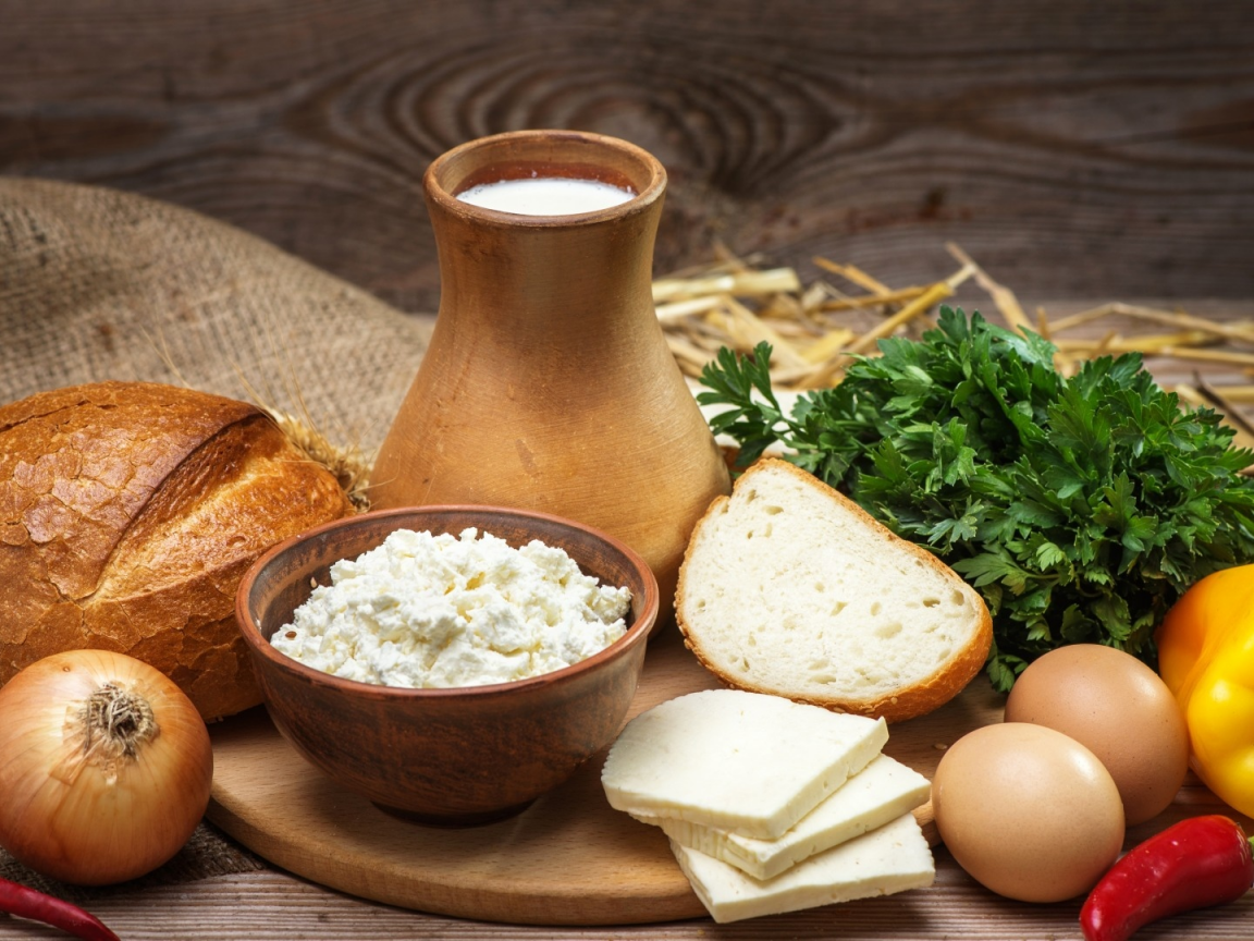 food, milk, jug, bread, cottage cheese, bowl, pepper, onion