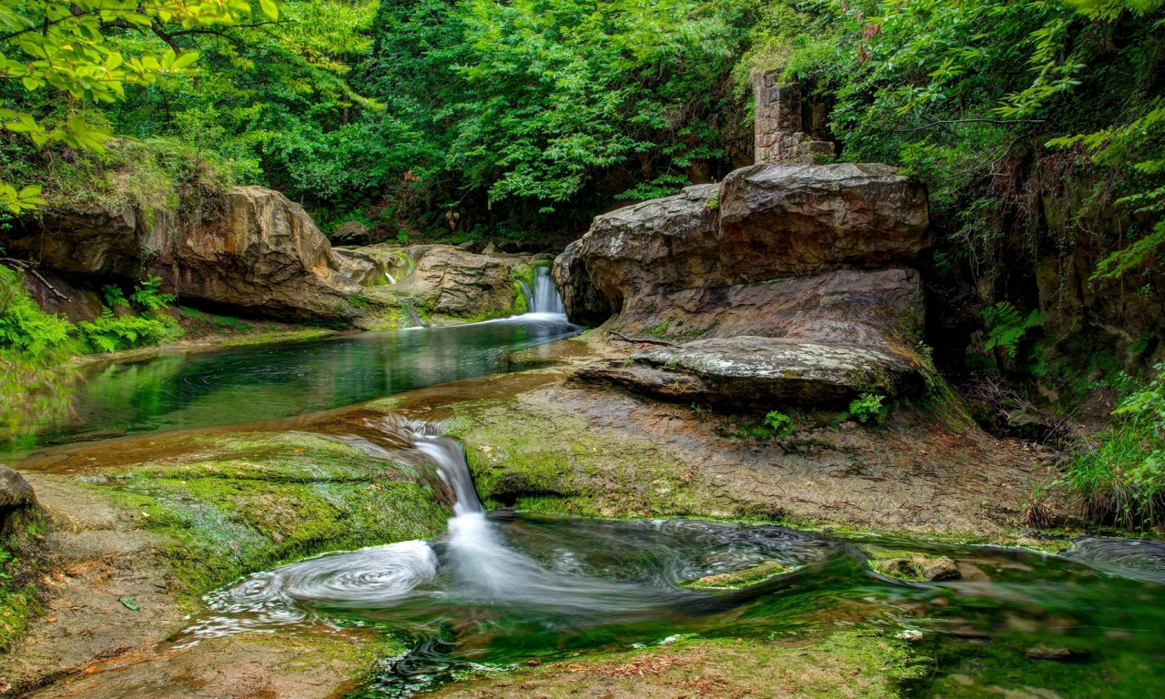 landscape, nature, forest, river, waterfall