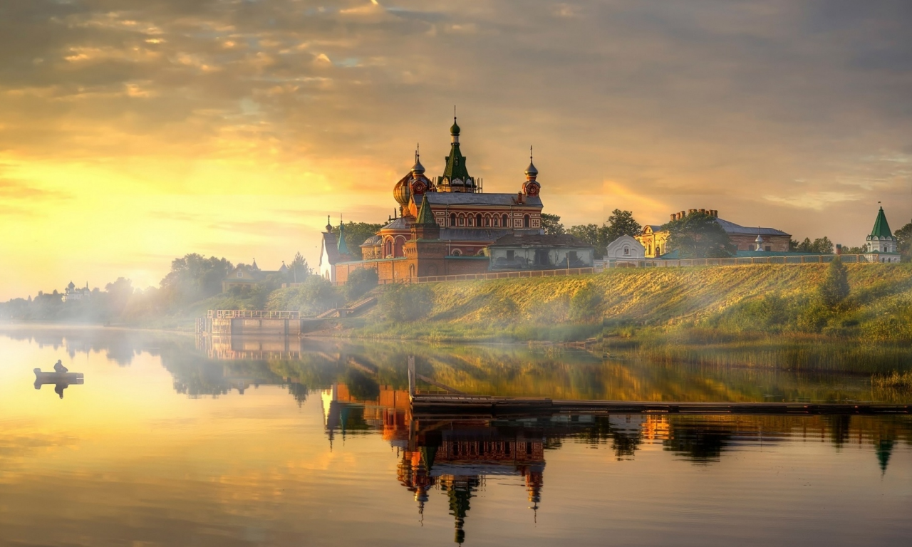 landscape, river, church, fisherman, pier