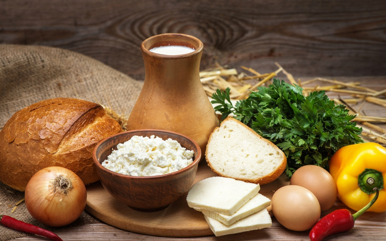 food, milk, jug, bread, cottage cheese, bowl, pepper, onion