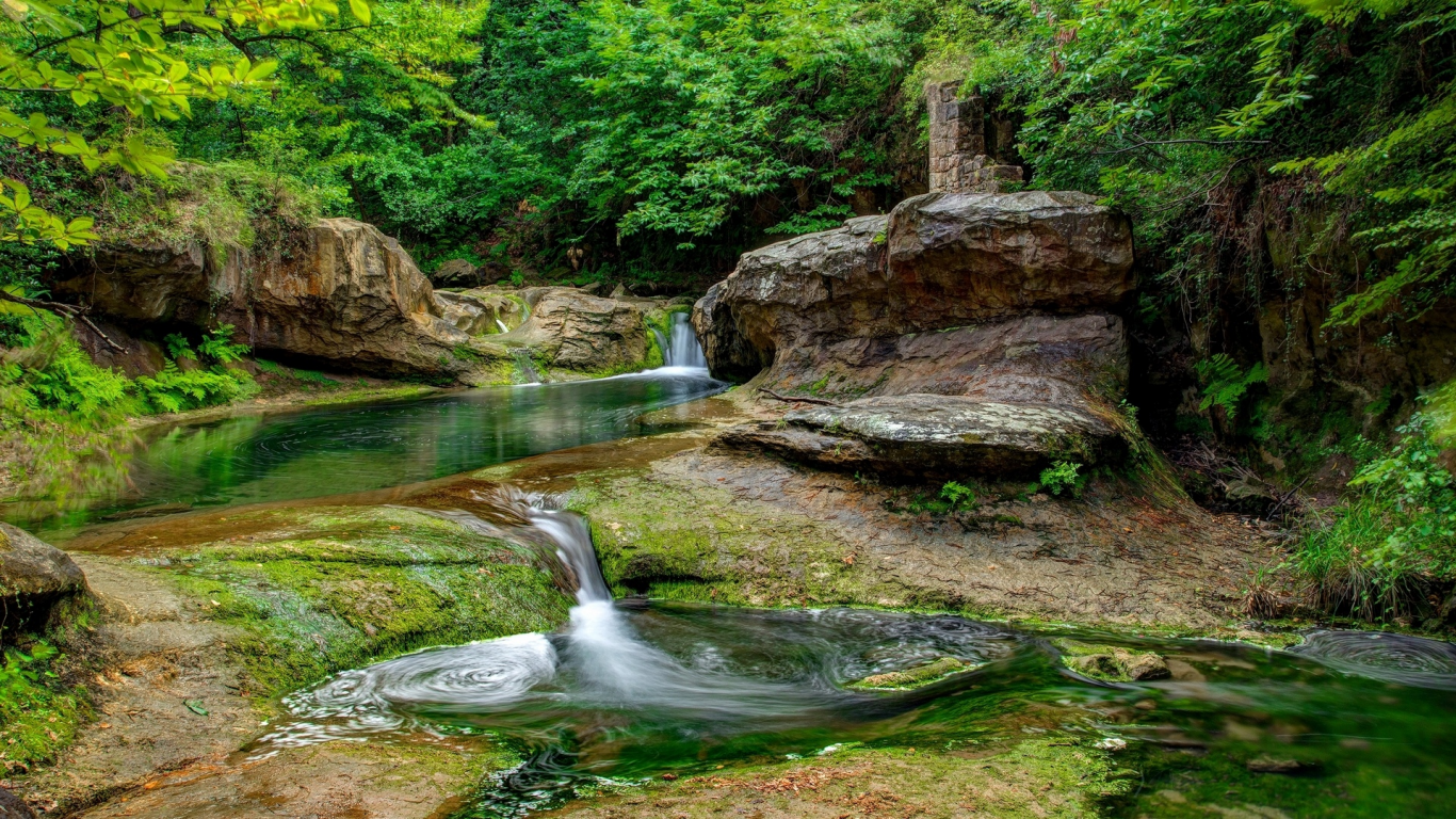 landscape, nature, forest, river, waterfall