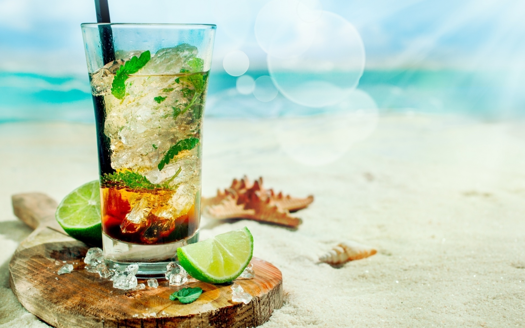cocktail, glass, lime, ice, beach, freshness