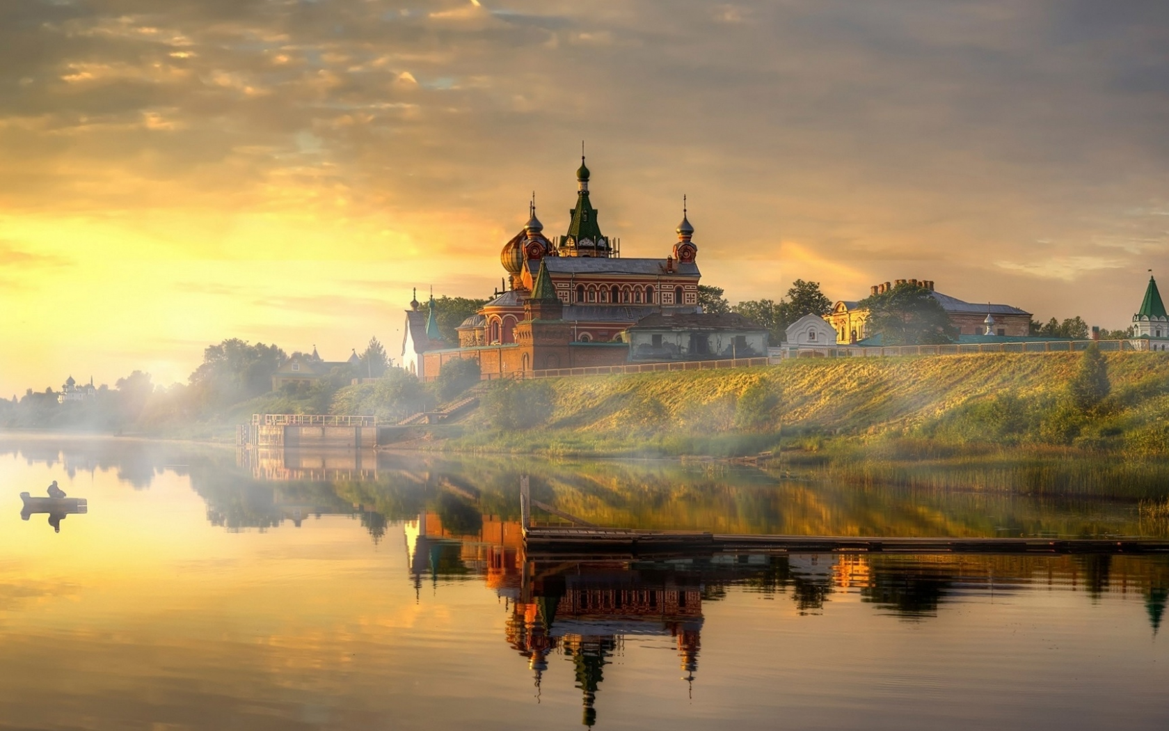 landscape, river, church, fisherman, pier