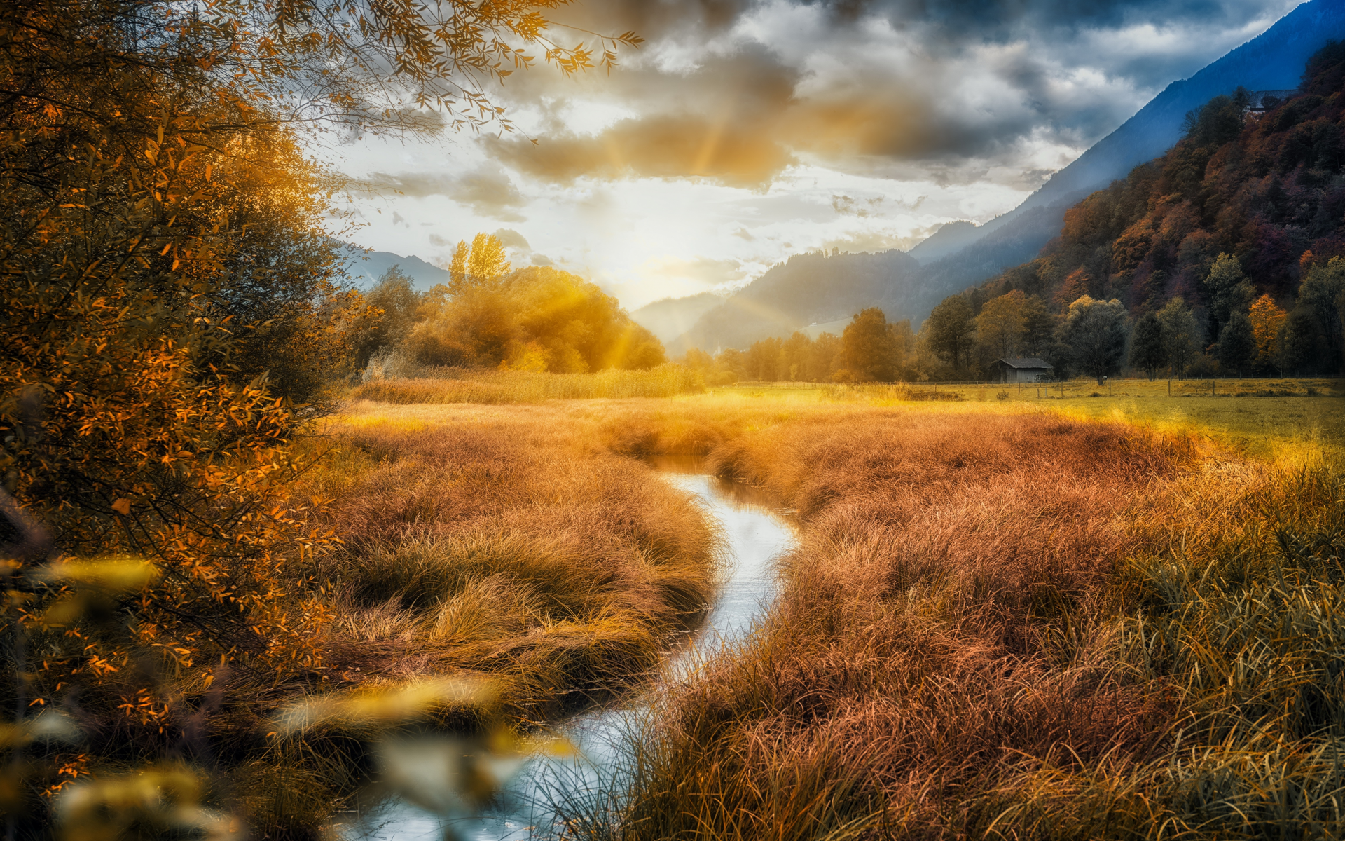 mountains, river, nature, clouds