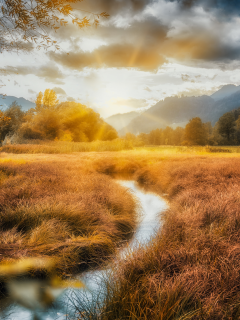 mountains, river, nature, clouds