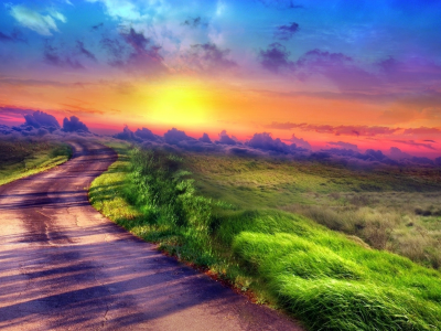 landscape, nature, road, sunset