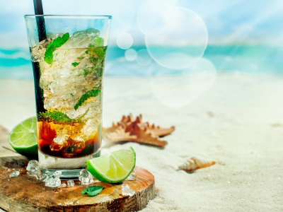 cocktail, glass, lime, ice, beach, freshness