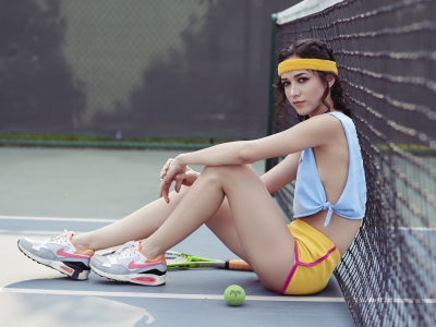 girl, beautiful, cute, brunette, shorts, tennis player, sneakers