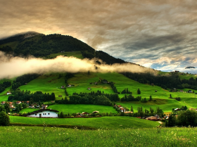 landscape, nature, mountains, hills, village, clouds