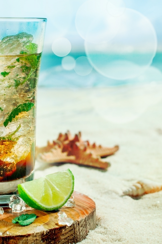 cocktail, glass, lime, ice, beach, freshness