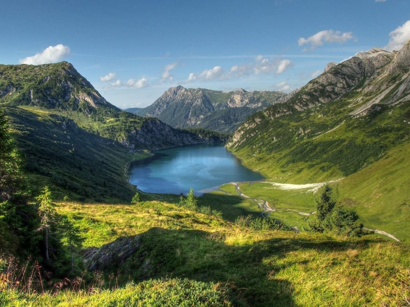 landscape, nature, mountains, lake, sky, clouds