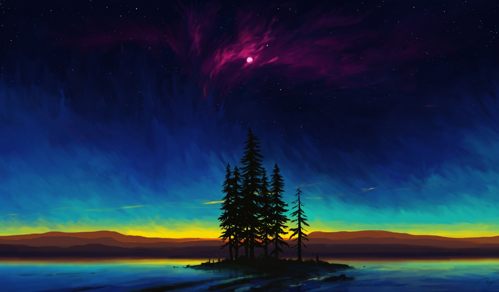 water, mountains, trees, sky, night, nature, drawings