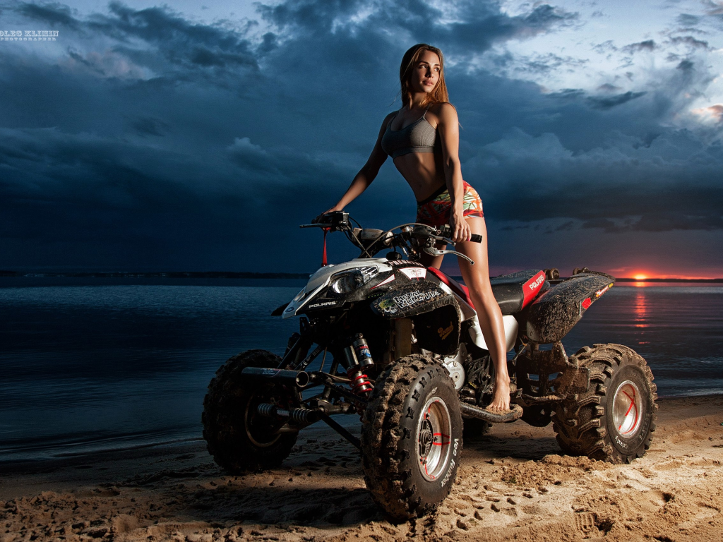 girl, beautiful, pretty, sneakers, legs, shorts, tanned, atv, beach, sunset