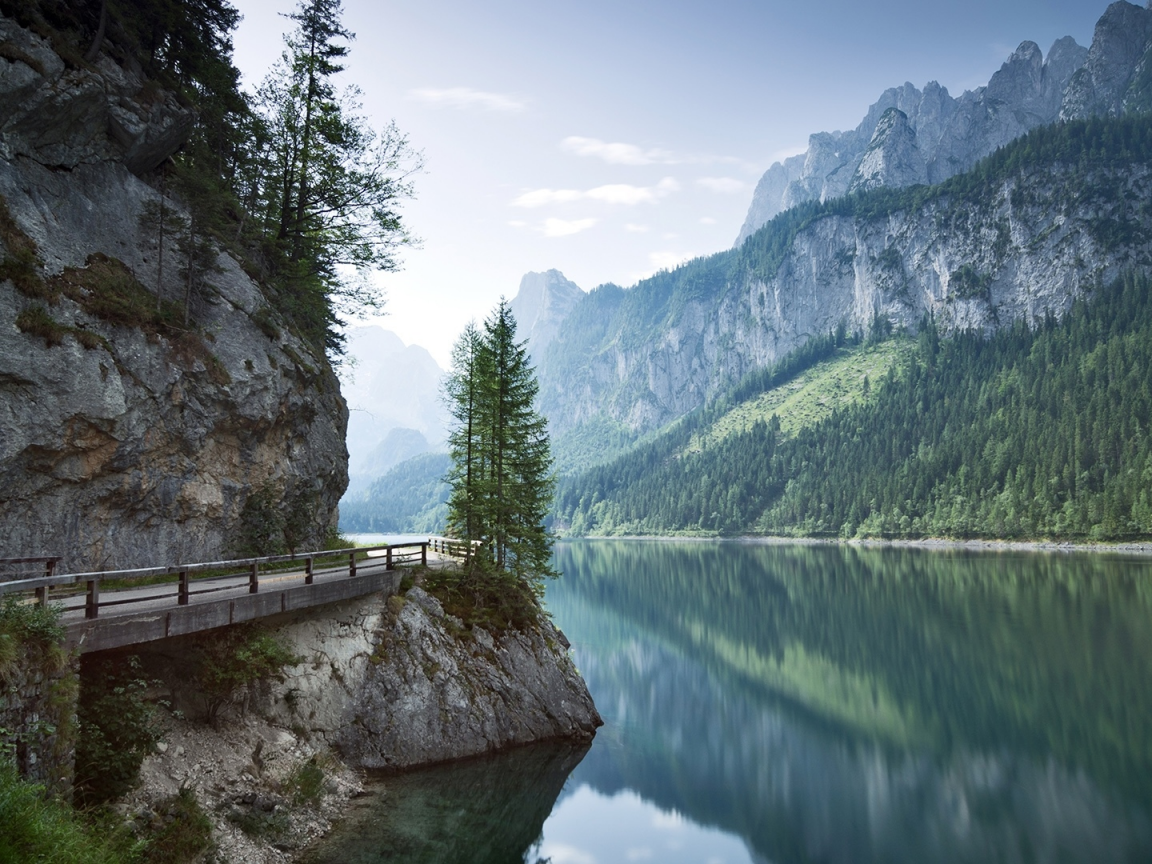 nature, mountains, forest, river, bridge, austria