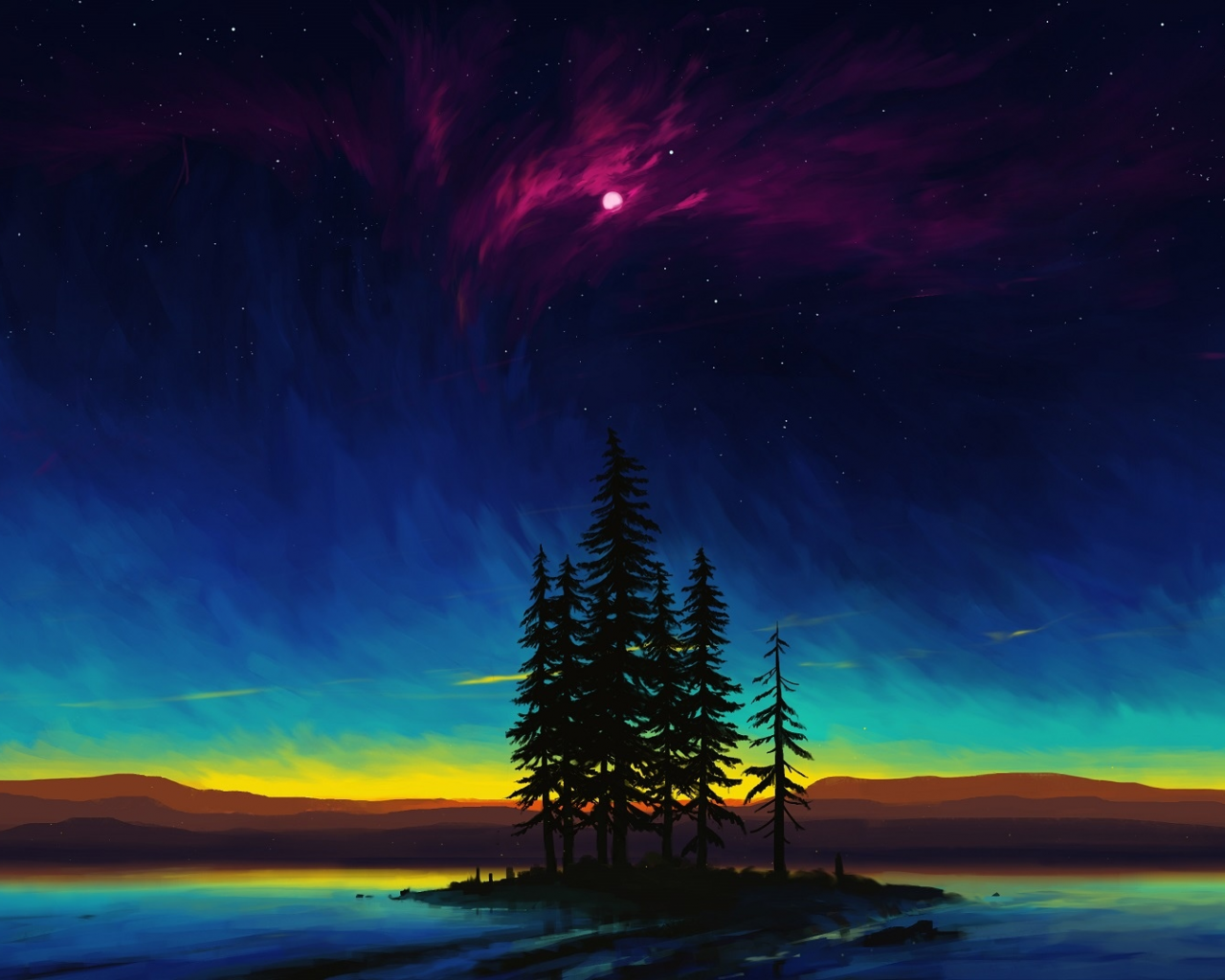 water, mountains, trees, sky, night, nature, drawings