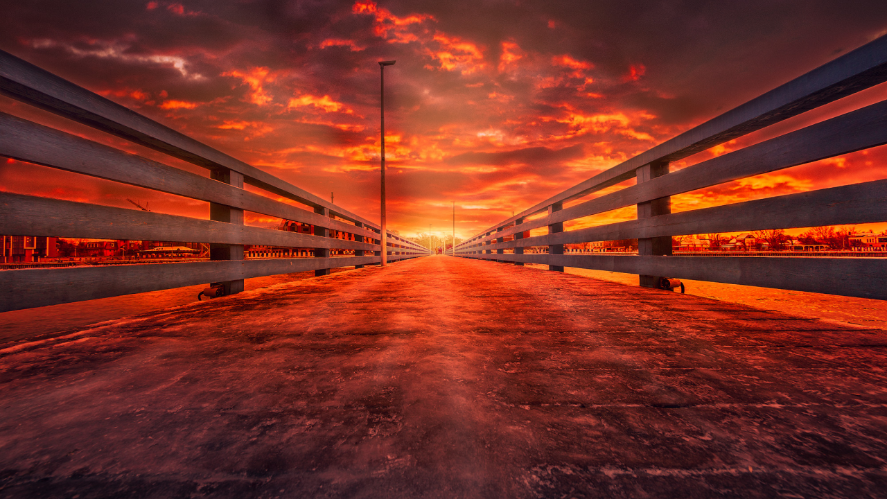 landscape, sunset, bridge, lantern