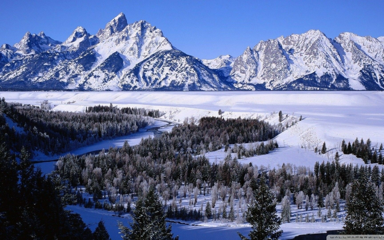 landscape, nature, forest, mountains, river, winter, snow