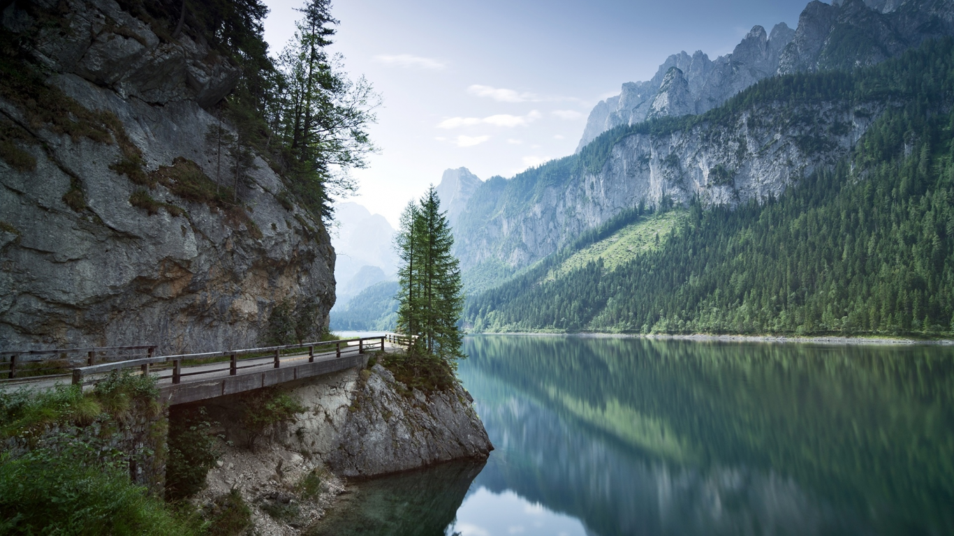 nature, mountains, forest, river, bridge, austria