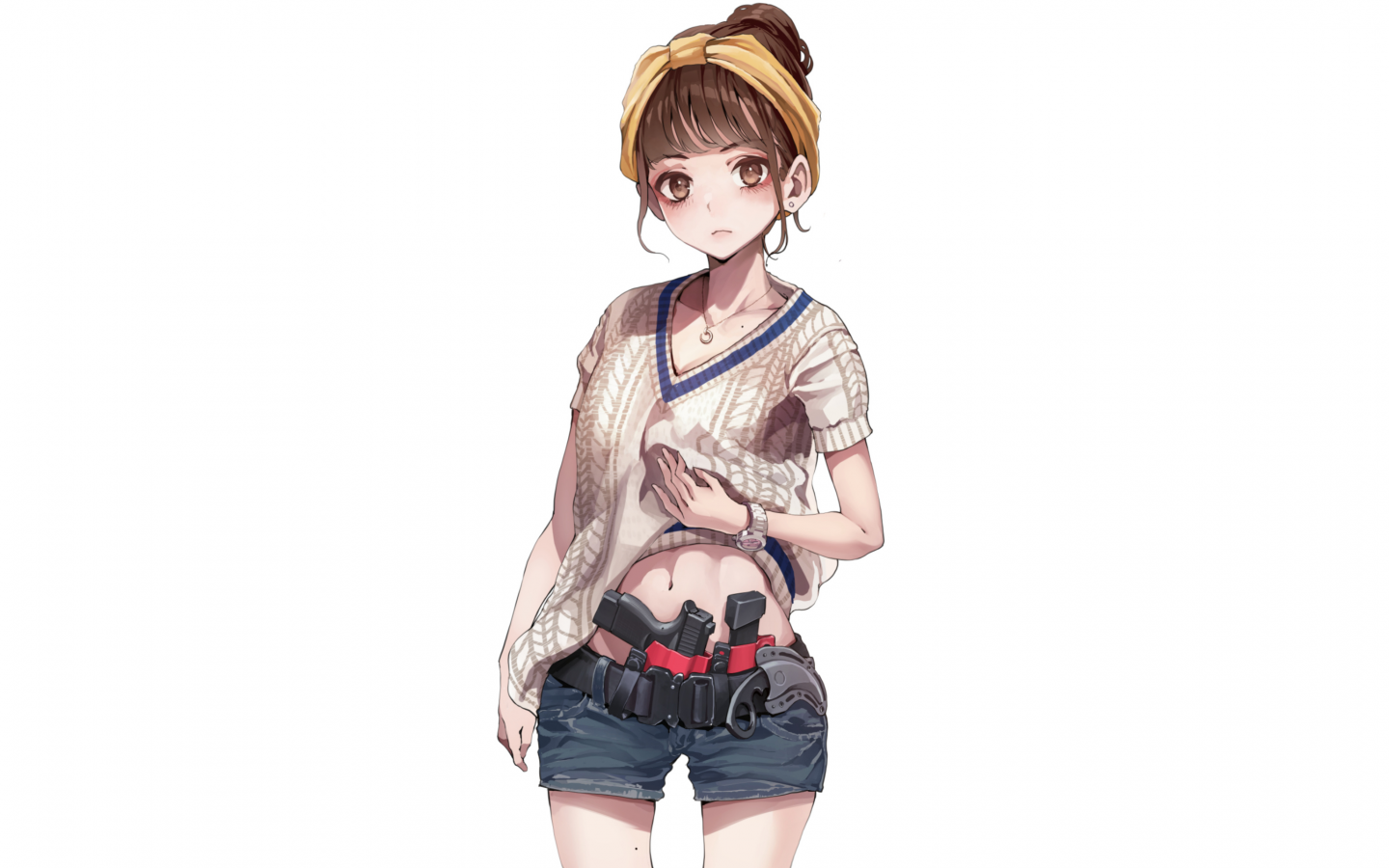 anime, girl, shorts, weapon, pistol