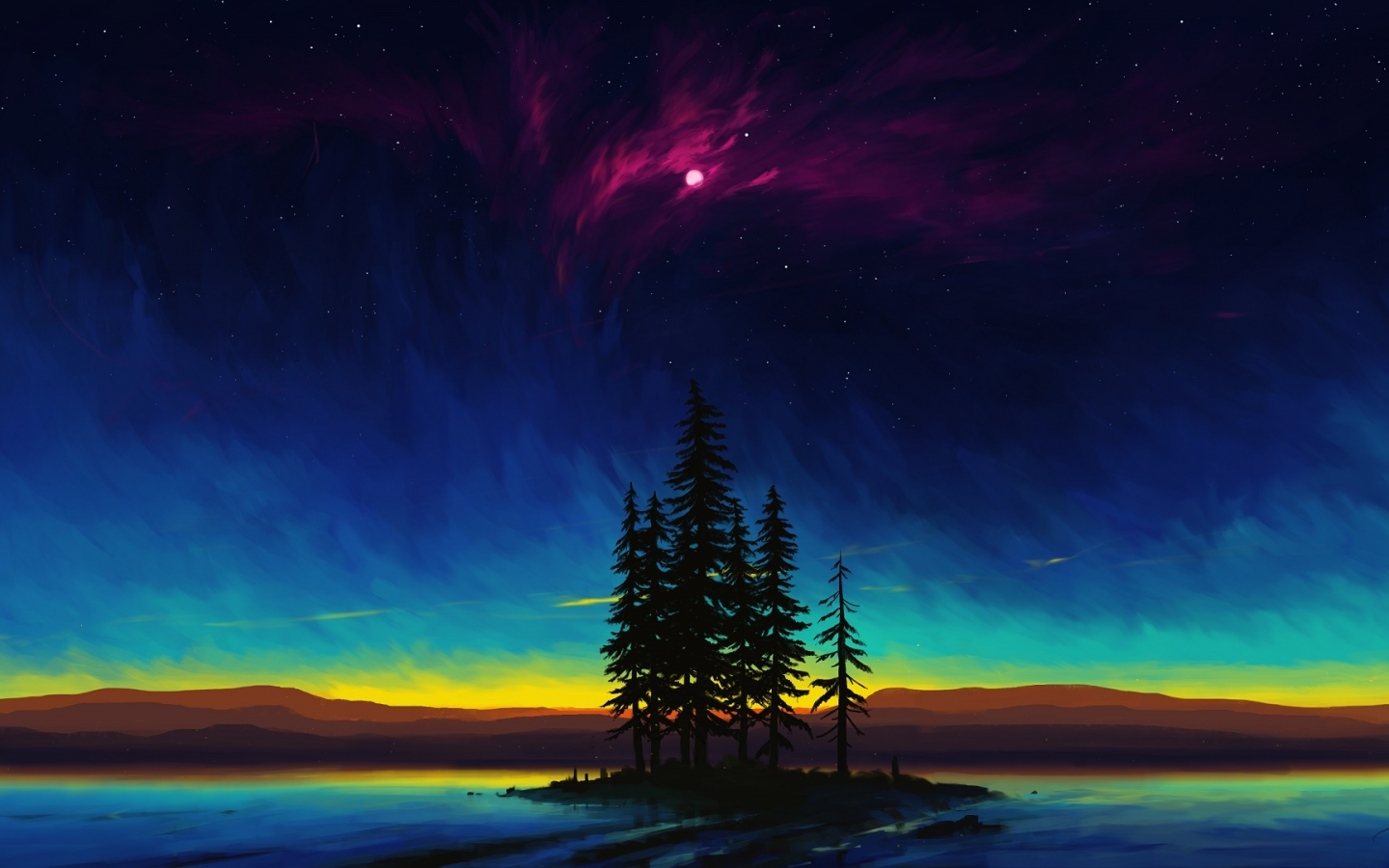 water, mountains, trees, sky, night, nature, drawings
