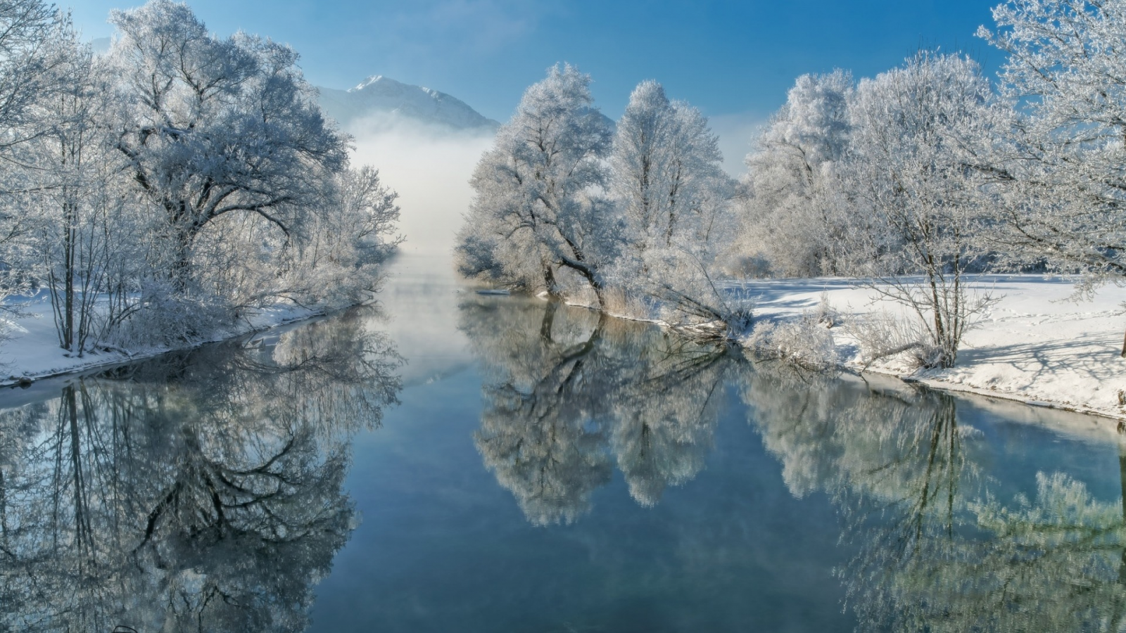 природа, зима, снег, деревья, иней, река, бавария, германия