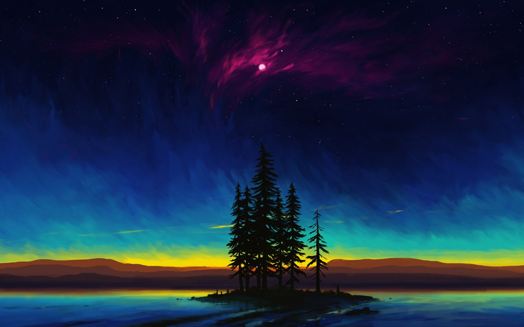 water, mountains, trees, sky, night, nature, drawings