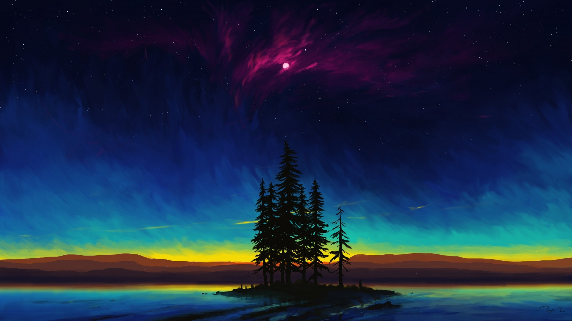 water, mountains, trees, sky, night, nature, drawings