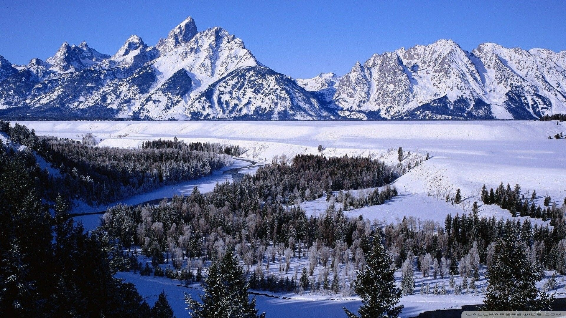 landscape, nature, forest, mountains, river, winter, snow