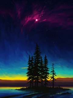 water, mountains, trees, sky, night, nature, drawings