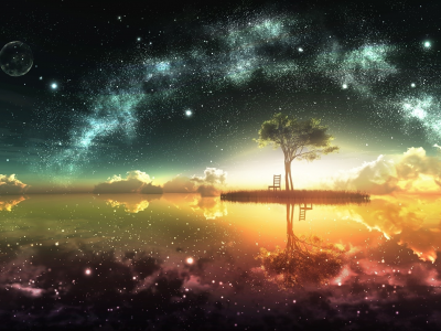 fantasy, landscape, lonely, tree, reflection, stars