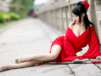 girl, woman, beautiful, sexy, dress, legs, asian, sword, cosplay