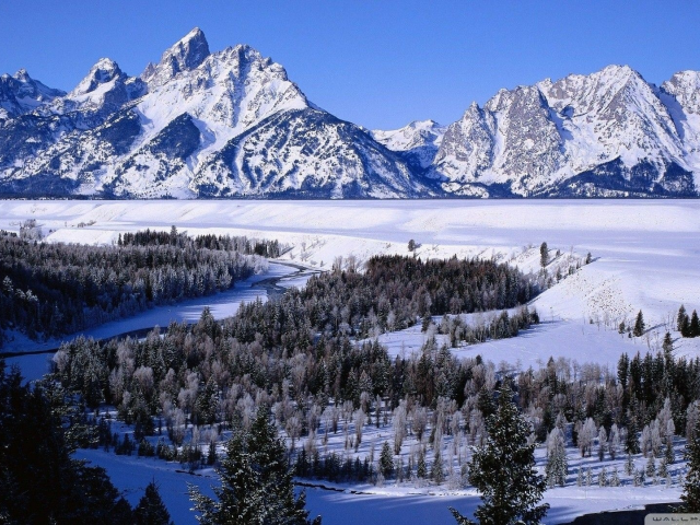 landscape, nature, forest, mountains, river, winter, snow