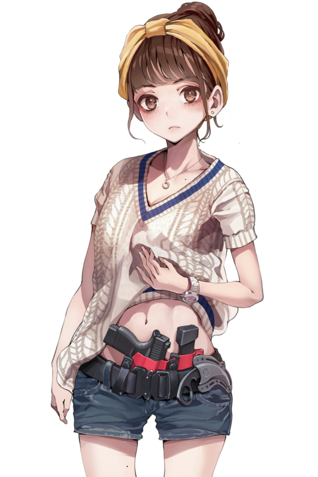 anime, girl, shorts, weapon, pistol