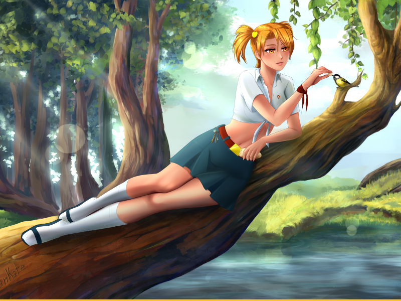 anime, girl, pioneer, skirt, knee socks, tree, forest