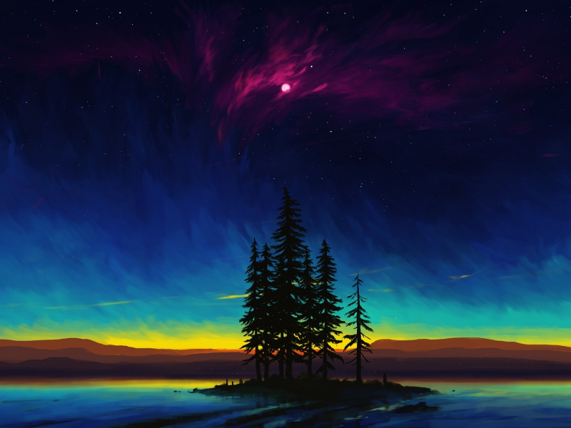 water, mountains, trees, sky, night, nature, drawings