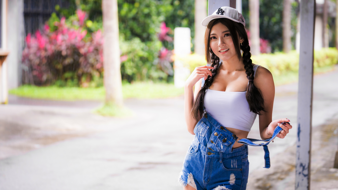 girl, beautiful, cap, jumpsuit, asian, braids, shorts