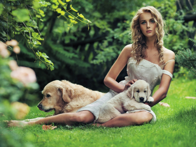 girl, beautiful, dogs, nature