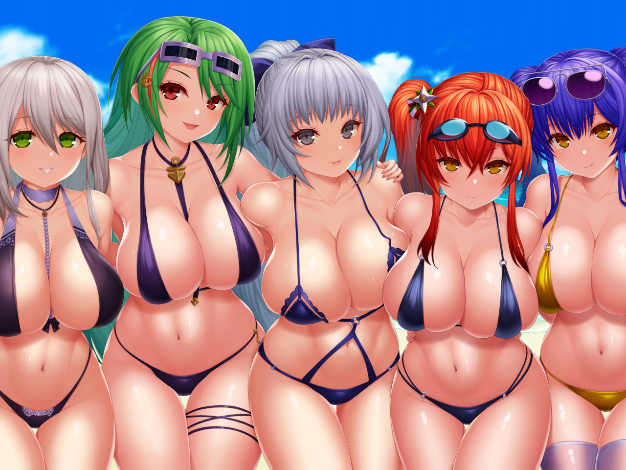 anime, girls, swimsuit, beach, tits