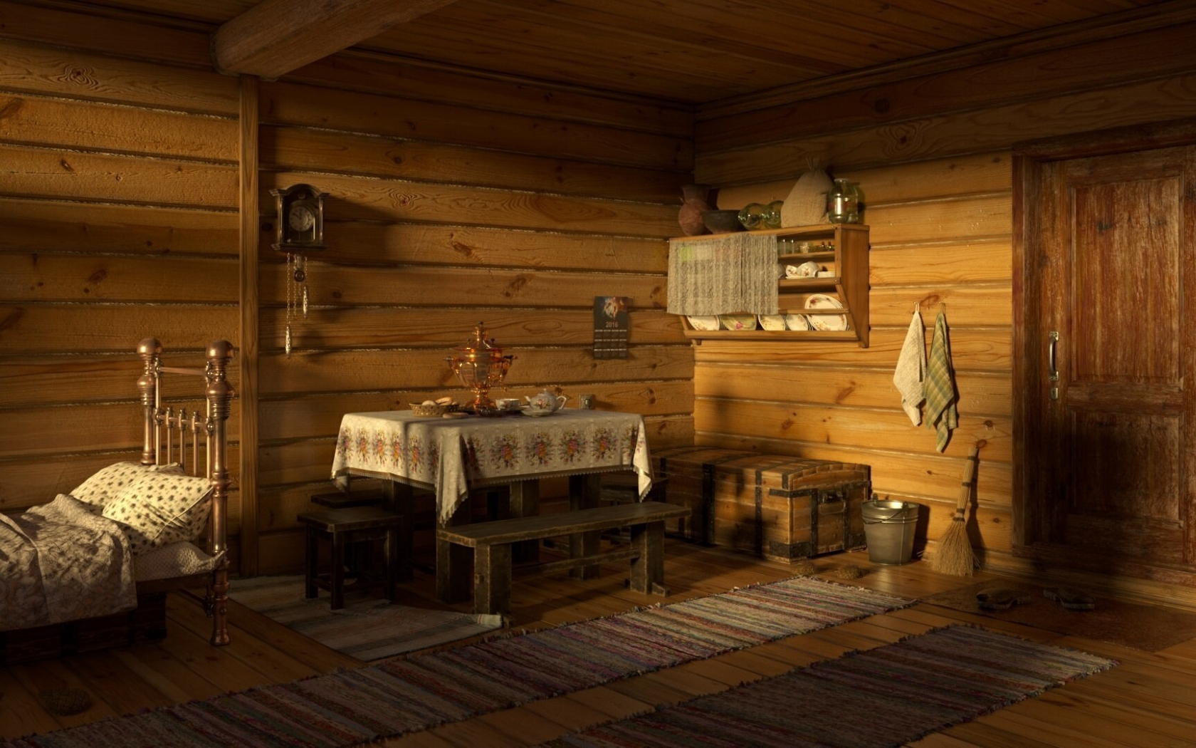 interior, russian hut, hut, table, bed