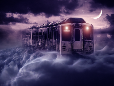 train, clouds, night, moon