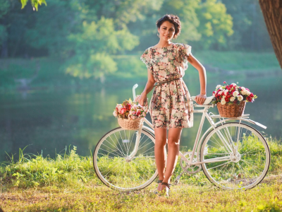 girl, beautiful, brownhaired, dress, bike