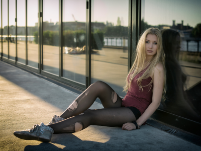 girl, beautiful, blonde, longhaired, sneakers